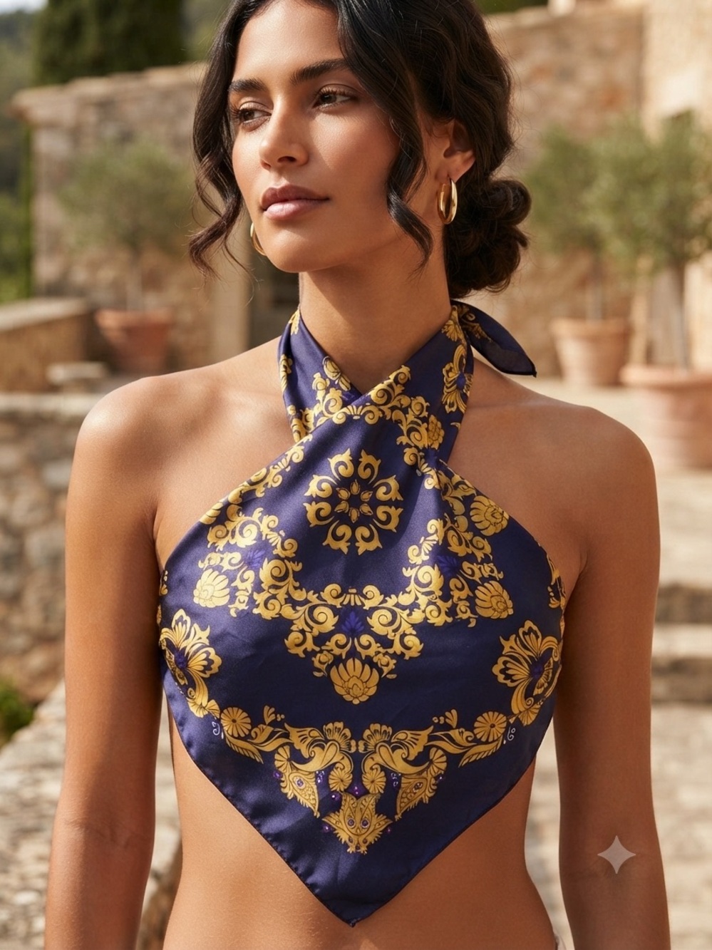 Navy Blue Scarf with Bold Mustard Scroll Print, 35” x 35”, triangle top